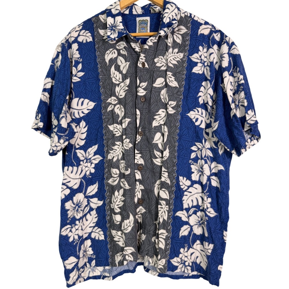 Ocean Current Vintage Original Blue Floral Rayon Hawaiian Shirt Mens Large 636